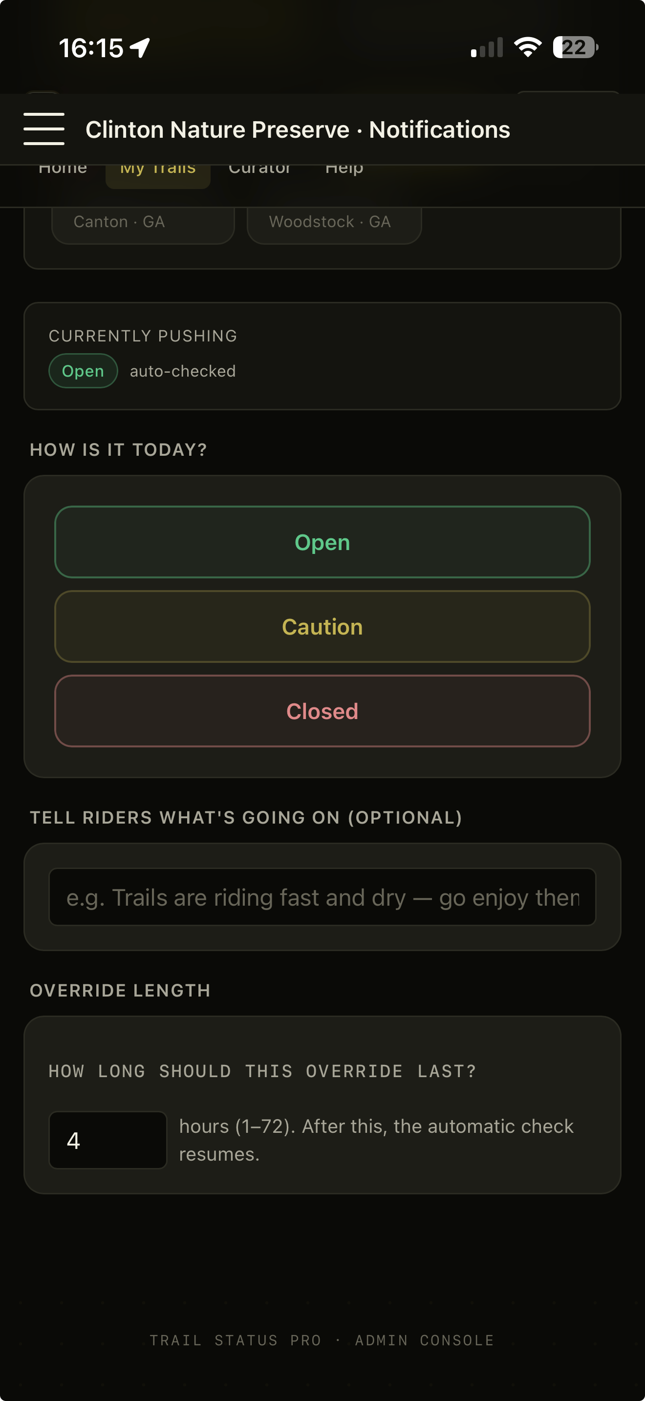 Trail Status Pro admin console showing the open / caution / closed status picker