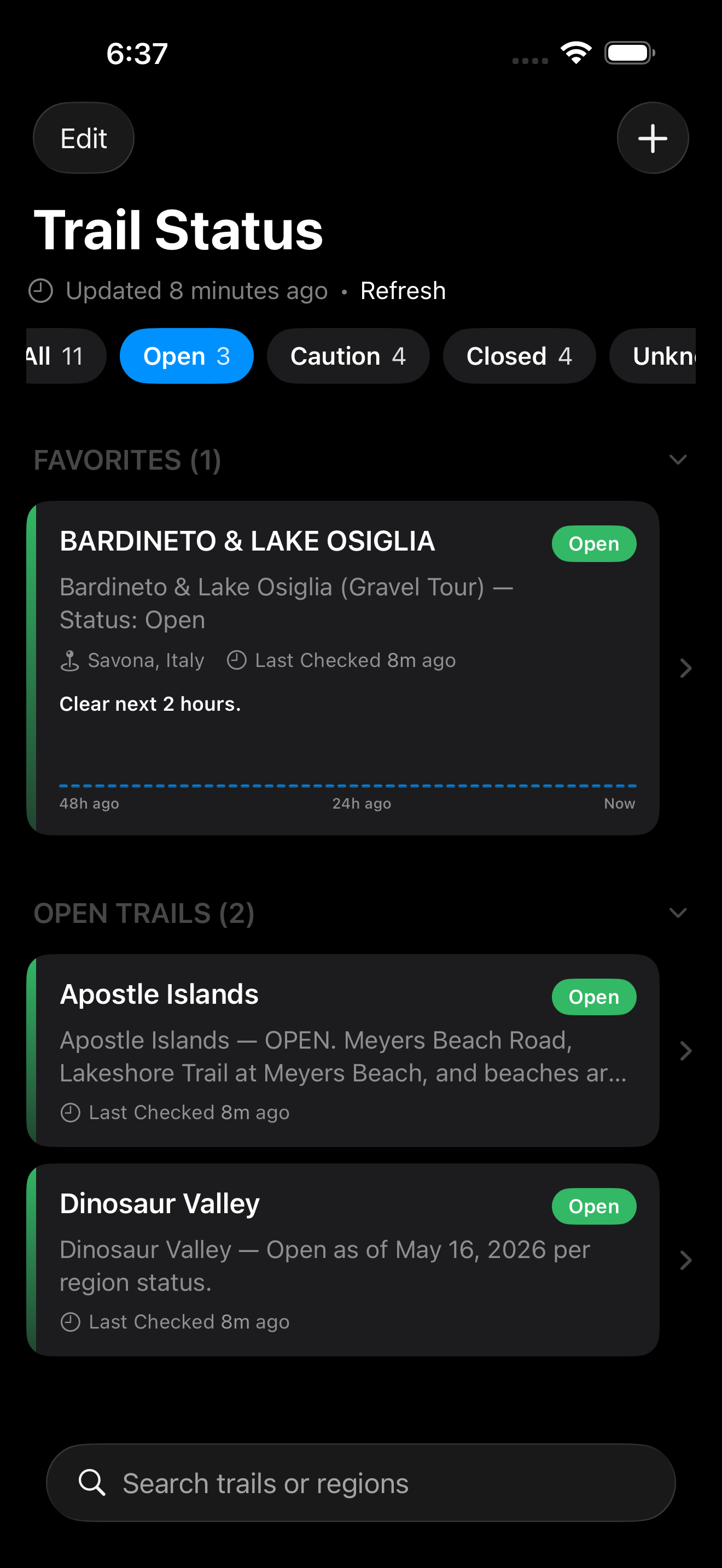 Trail list with an open trail