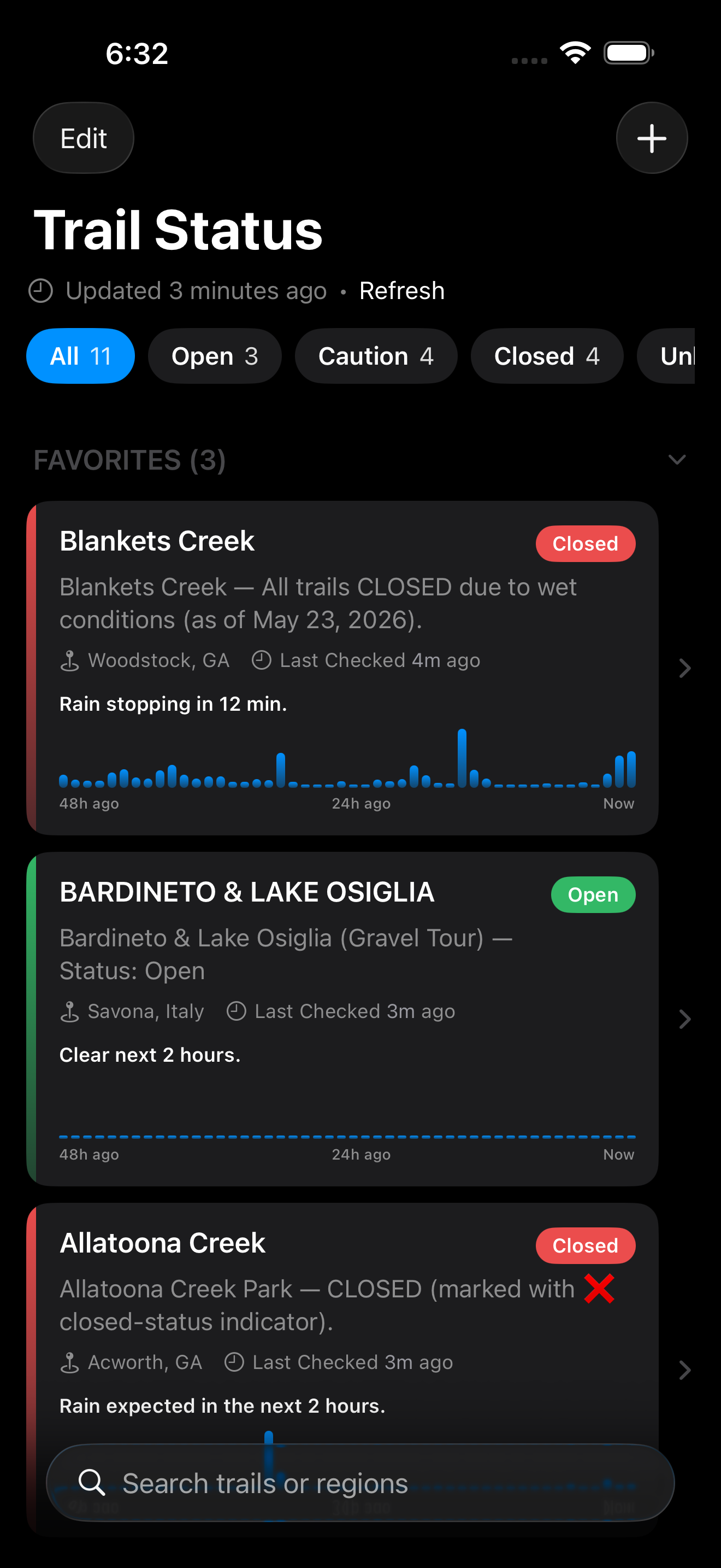 Trail Status Pro main screen with weather details