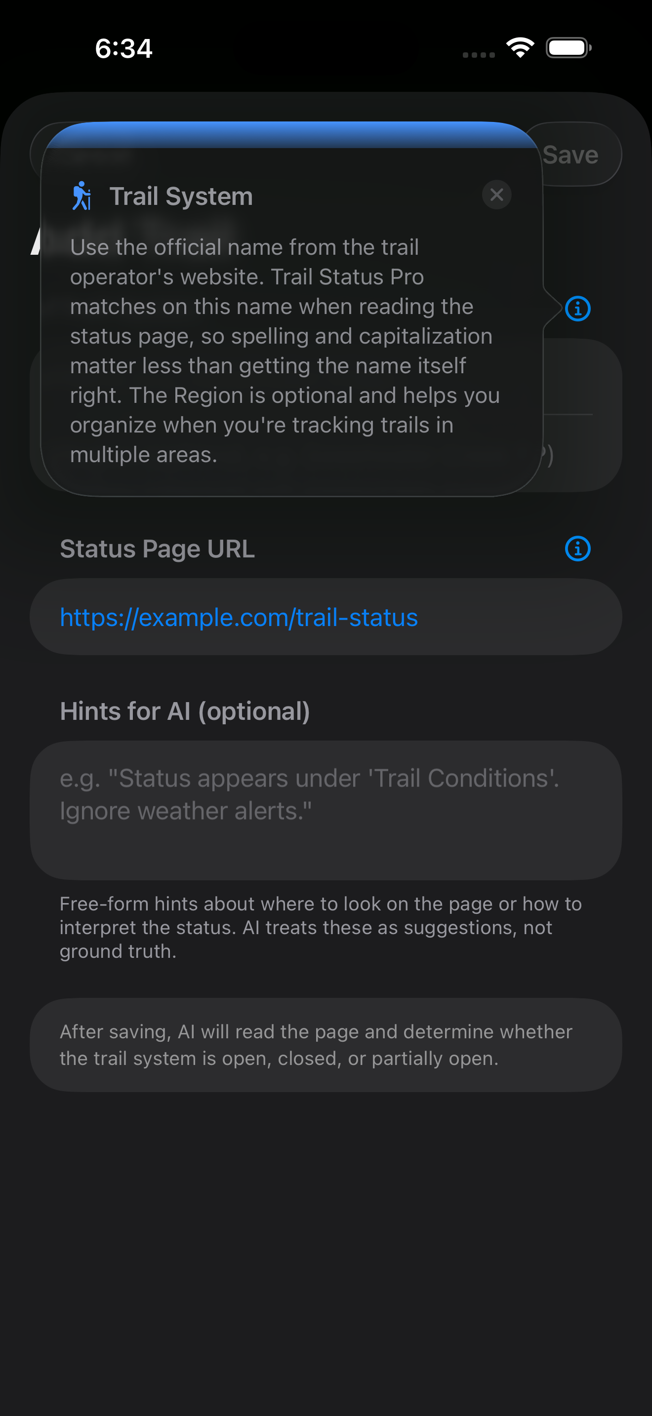 Trail system tooltip