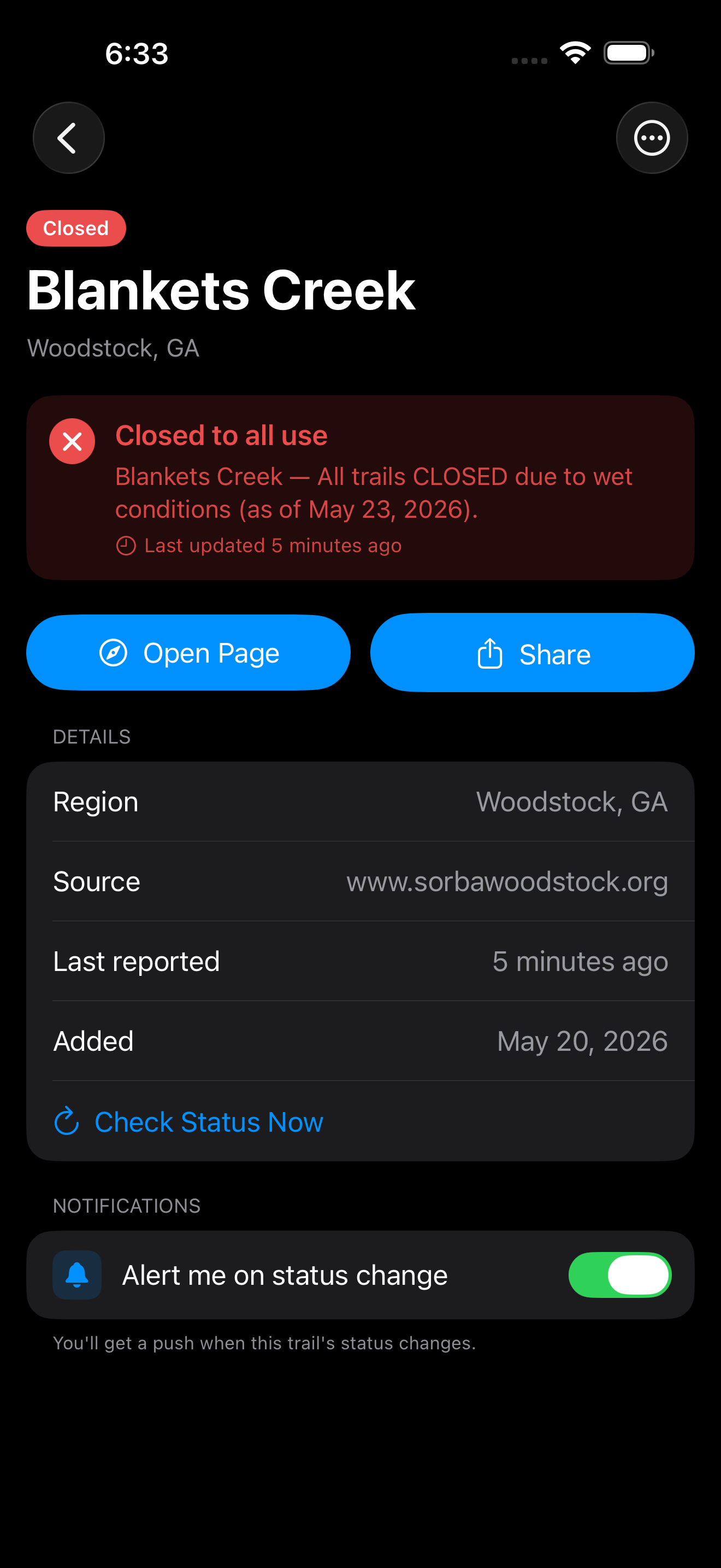 Trail details screen showing a closed trail